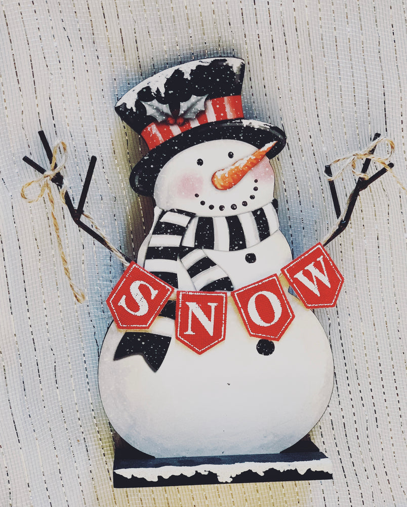 Wooden Frosty Snowman with Snow Banner - Knot and Nest Designs