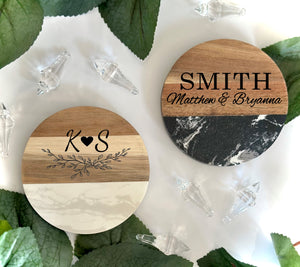 
                
                    Load image into Gallery viewer, Custom Engraved Marble Wood Coasters
                
            