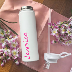 Custom water bottle with straw, island tumbler, Vacation Cups, Villa tumbler, pink love tropical island cup, water bottle