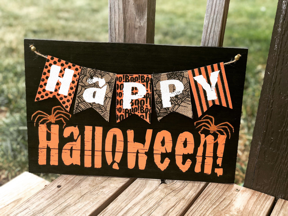 Happy Halloween wood and burlap sign