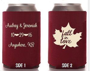 Custom can coolers - Fall in Love can coolers - Knot and Nest Designs