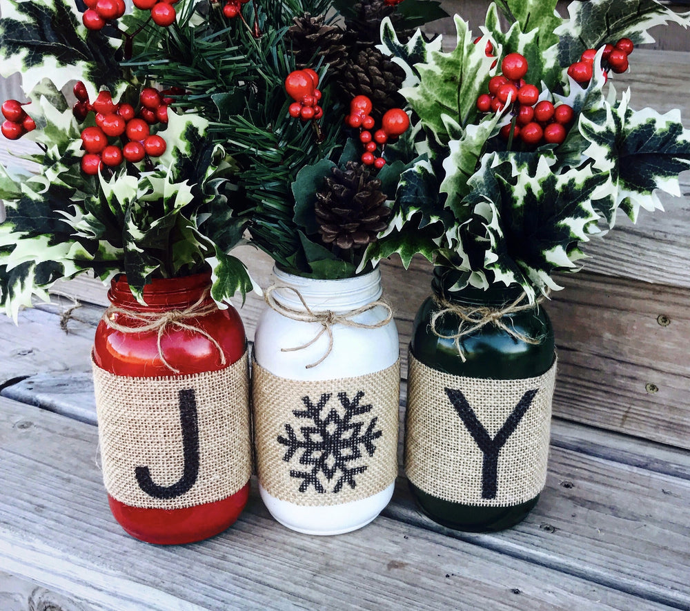 Christmas Holiday Burlap Mason Jars set of 3