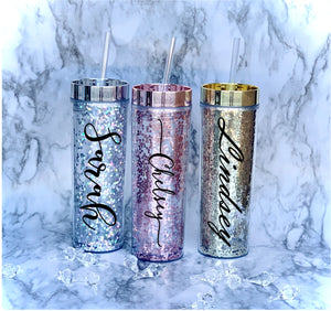 Custom glitter tumblers perfect for gifting.